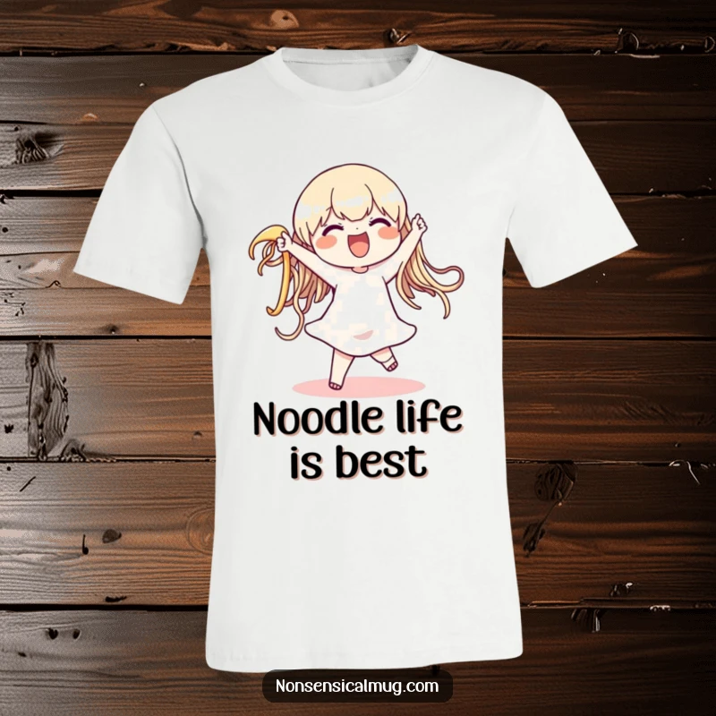 Funny t-shirt of a happy character dancing wildly with a huge, wiggly noodle, showcasing a love for pasta and pure silliness, a great gag gift.