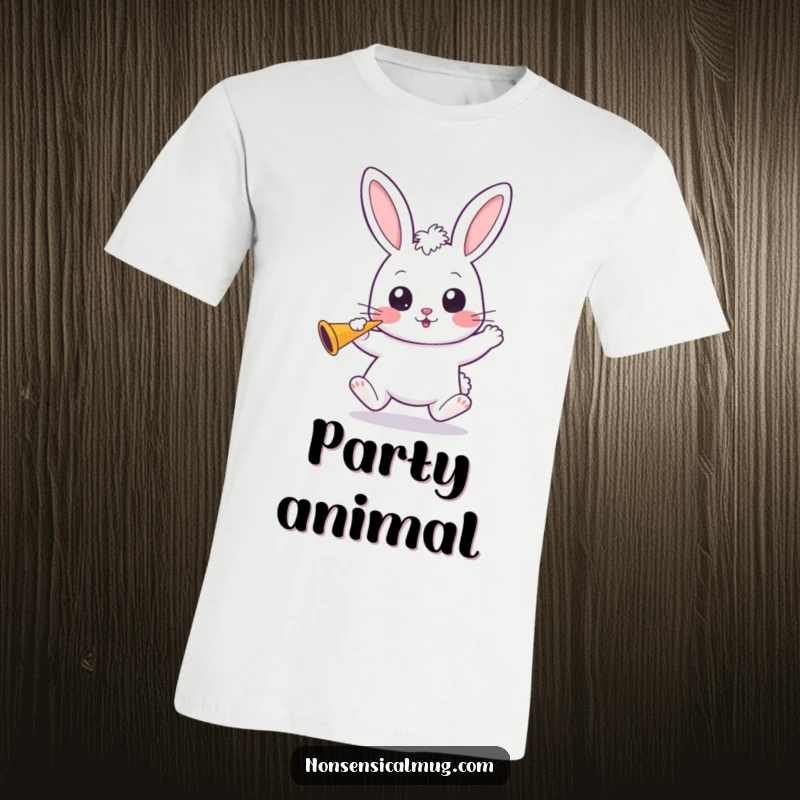 Funny Kawaii Bunny T-Shirt: An adorable kawaii bunny bounces excitedly, wide-eyed and holding a party horn.