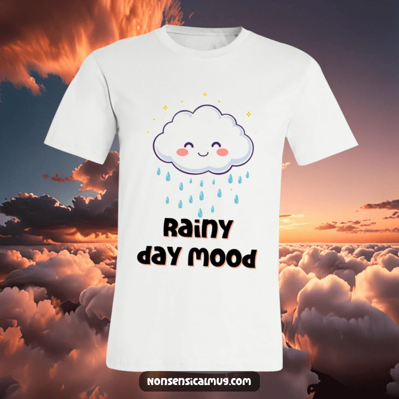 Funny t-shirt with a cute, grinning cloud character gently showering sparkling raindrops, radiating positivity and lighthearted fun.