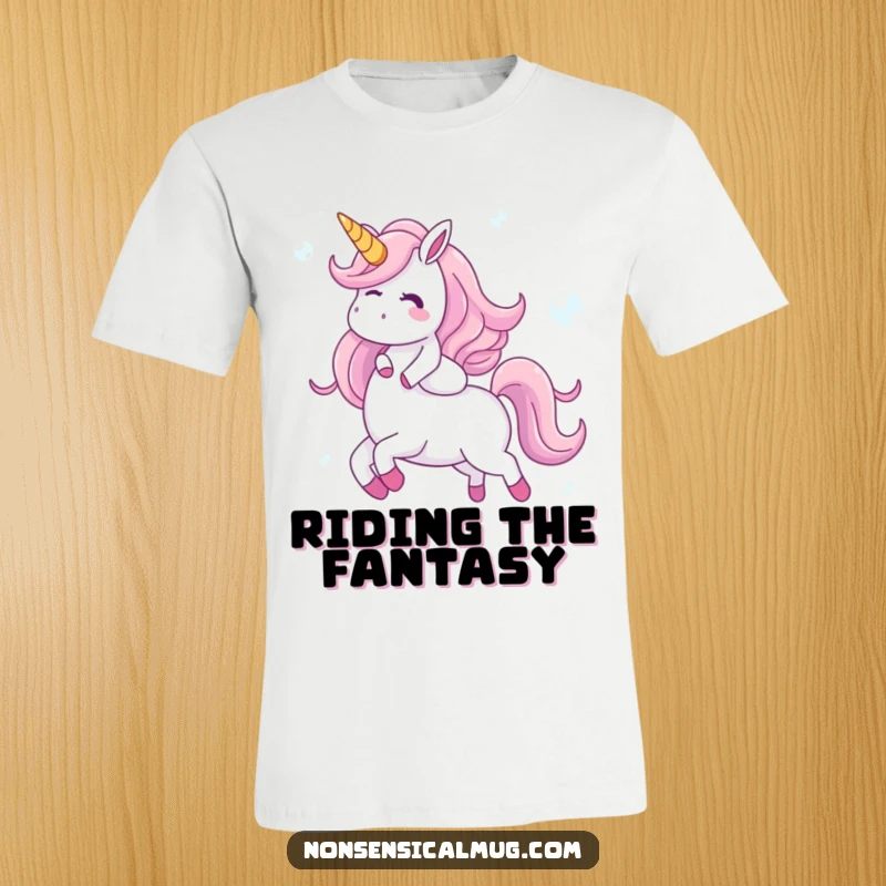 Funny t-shirt featuring a happy, giggling character riding a unicorn made of delicate, shimmering bubbles, capturing a moment of pure, ethereal joy.