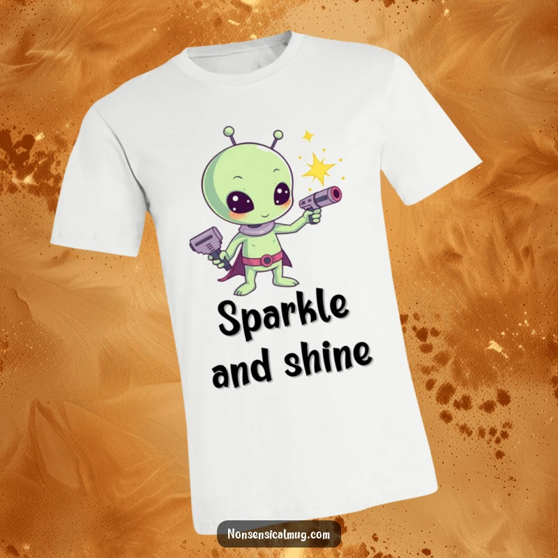 Funny Kawaii Alien Sparkle Ray Gun T-Shirt: A cute alien joyfully shoots sparkles from its ray gun, celebrating intergalactic fun.