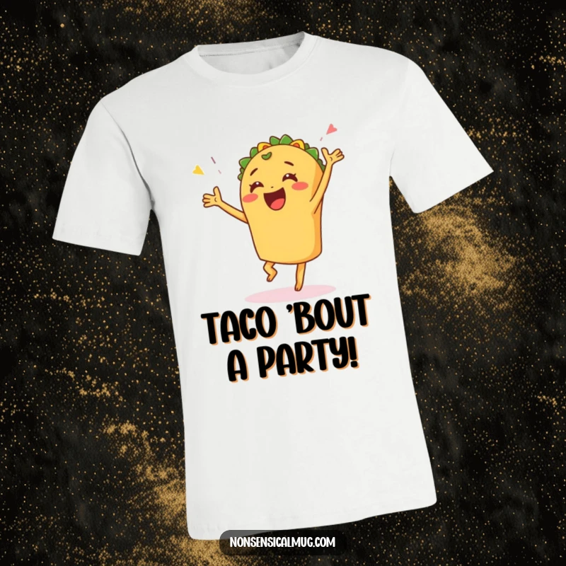 Funny t-shirt with a happy taco kicking its legs in a joyful celebratory dance, embodying pure fiesta fun.