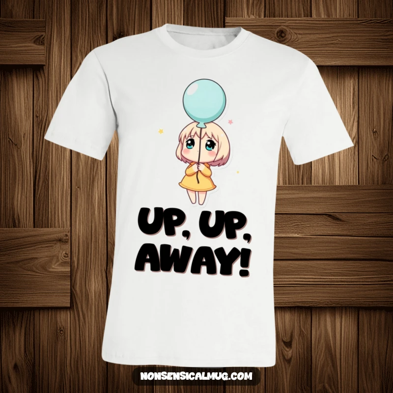 Funny t-shirt graphic of a character holding a balloon and looking up dreamily, symbolizing hope, dreams, and gentle wonder.