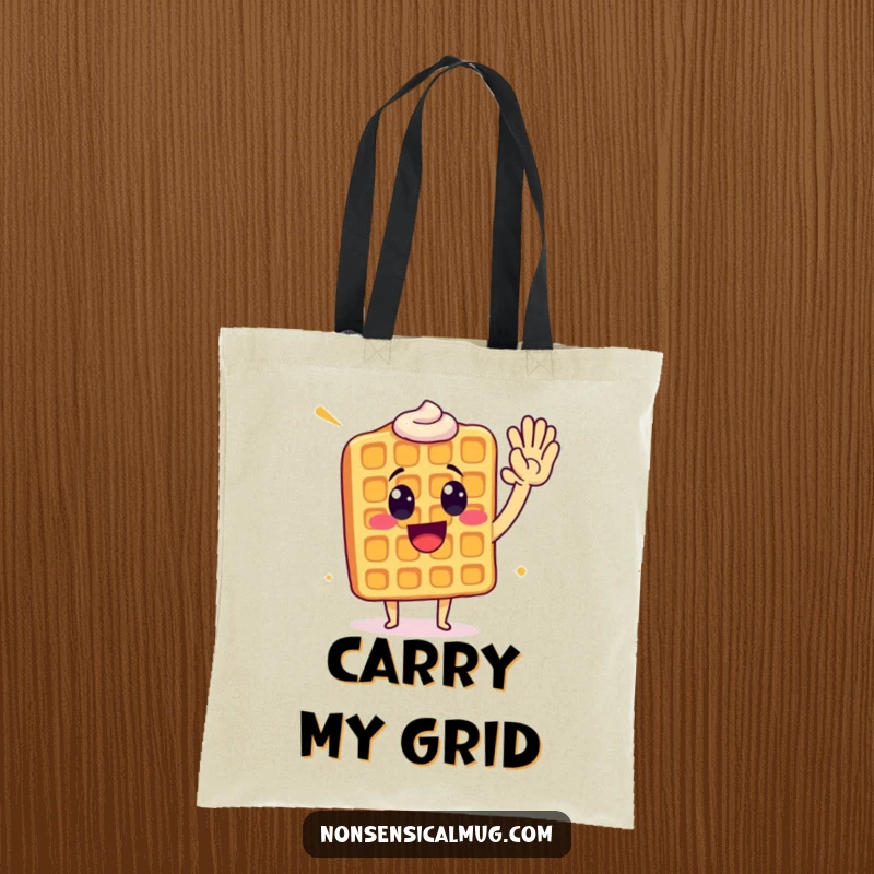 Funny waffle giving a high five, designed on a tote bag for a humorous and practical accessory.