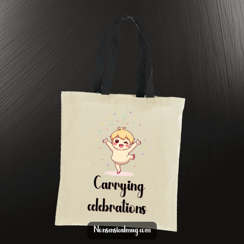 Funny tote bag: a cute kawaii character does a celebratory cartwheel while tossing confetti.