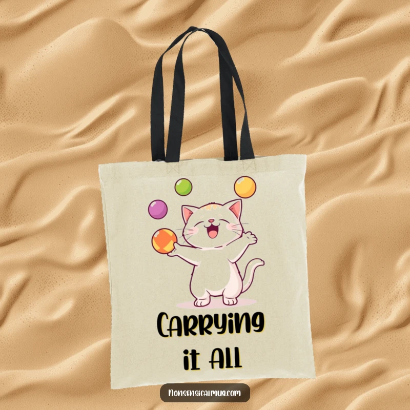 Funny Kawaii Cat Tote Bag: A skilled kawaii cat enthusiastically juggles three colorful balls, perfect for everyday use.