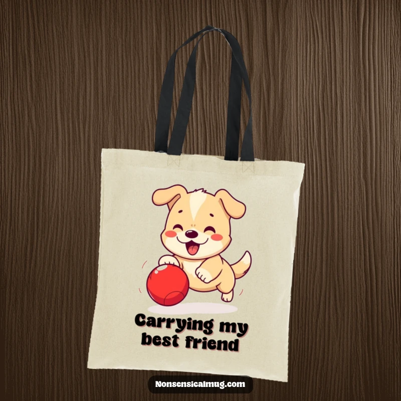 Funny Kawaii Dog Tote Bag: An excited kawaii dog joyfully chases a bright red ball, great for errands.