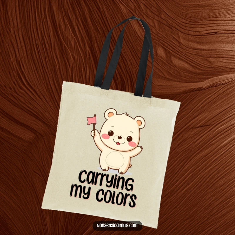Funny Kawaii Bear Tote Bag: A cheerful kawaii bear happily waves a small flag, perfect for carrying daily essentials with joy.