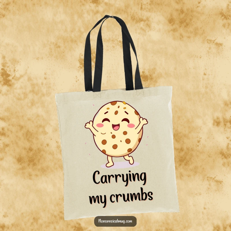 Funny delighted cookie character doing a happy dance with sprinkles on a durable tote bag, a hilarious and practical item.