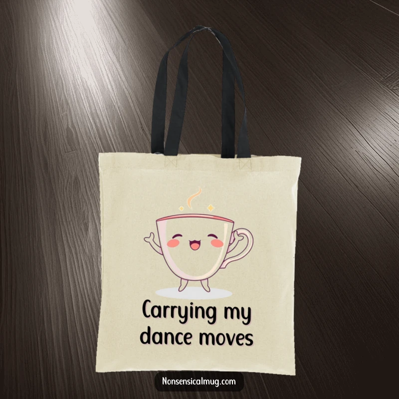 Funny teacup with small legs and arms, joyfully dancing on a tote bag, perfect for carrying essentials.