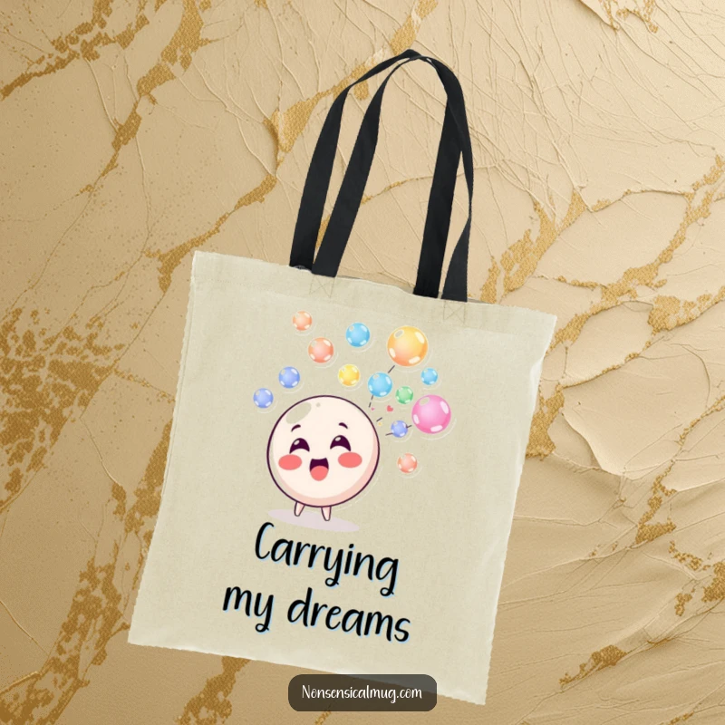 Funny Tote Bag: A delighted circle character enthusiastically blowing a stream of colorful, floating bubbles, great for shopping.