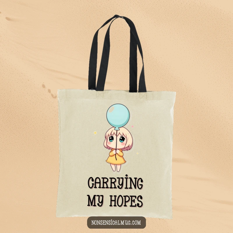 Funny tote bag with a character holding a balloon and looking up dreamily, a humorous accessory for carrying dreams and daily items.