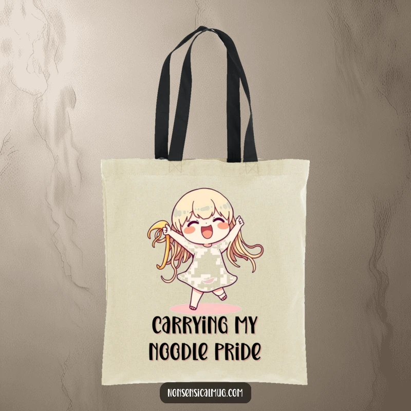 Funny tote bag with a cheerful character enthusiastically dancing with a giant, wiggly noodle, perfect for groceries or books, a useful funny gift.