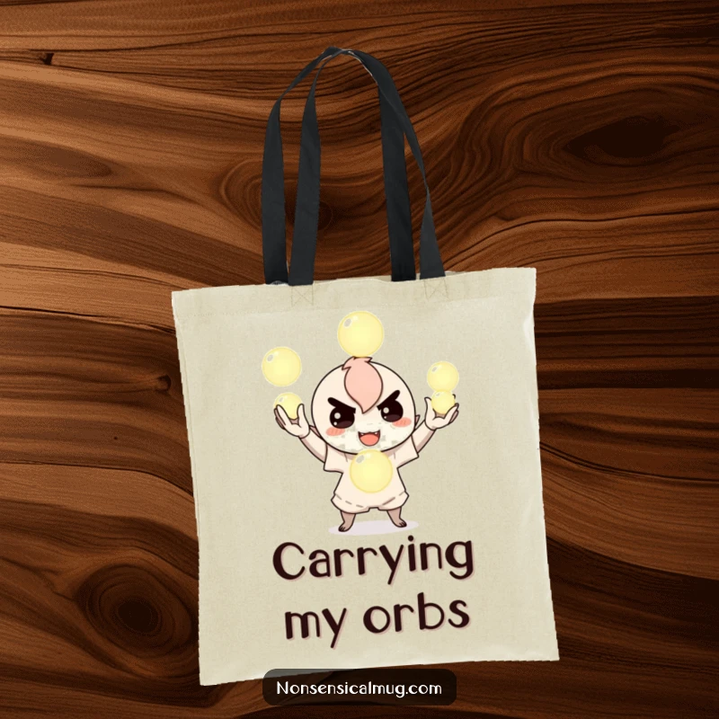 Funny tote bag depicting a mischievous character juggling three illuminated orbs, perfect for carrying essentials with a magical and playful flair, a great bag.