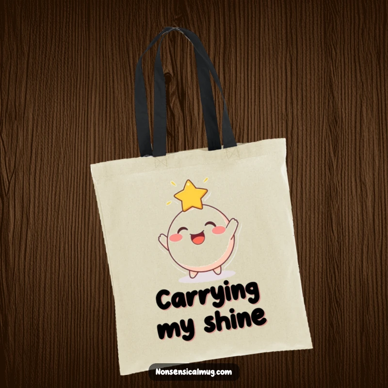 Funny Tote Bag: A cheerful, round character joyfully bouncing a radiant star off its head, perfect for carrying treasures.