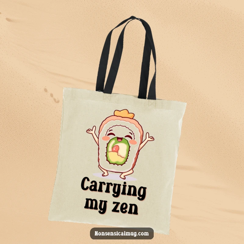 Funny sushi roll in a yoga pose, depicted on a tote bag for a humorous and practical accessory.