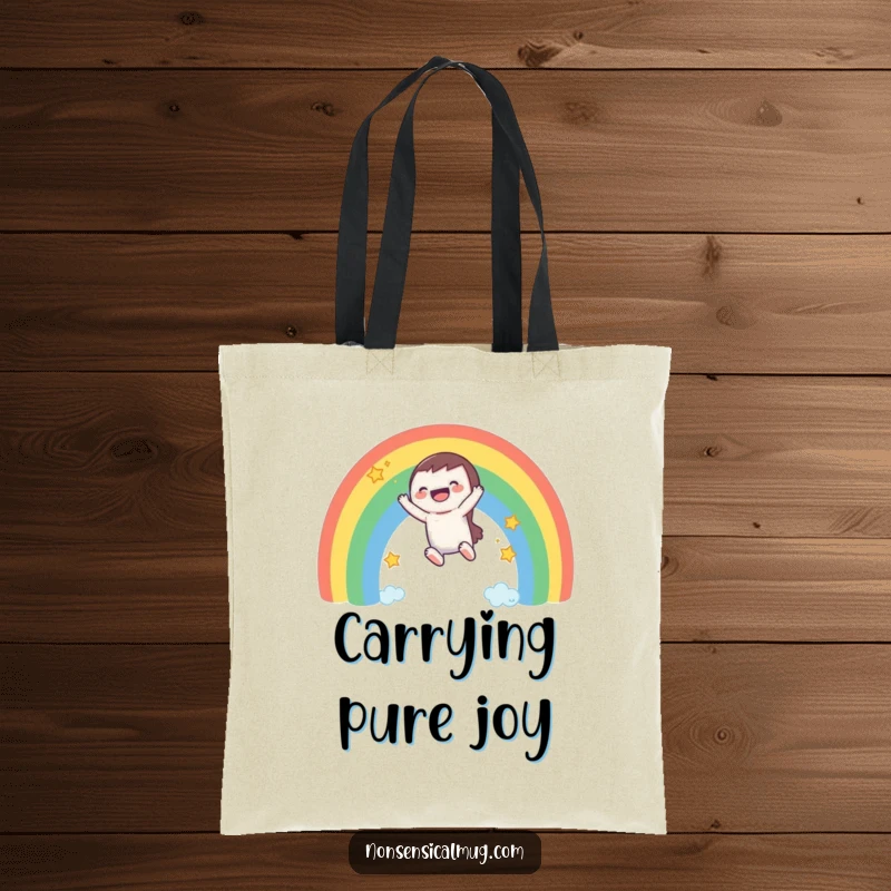 Funny tote bag: a laughing character makes a speedy descent down a bright rainbow, trailing stars.