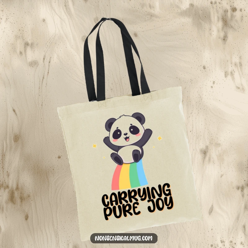 Kawaii Panda Tote Bag: A cute kawaii panda gleefully sliding down a vibrant rainbow, ready for errands.
