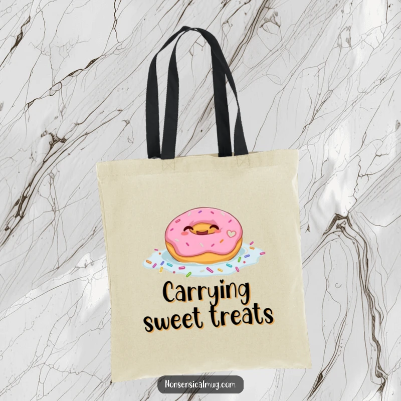 Funny tote bag showcasing a giggling donut character happily floating in a pool of vibrant sprinkles, ready for errands.