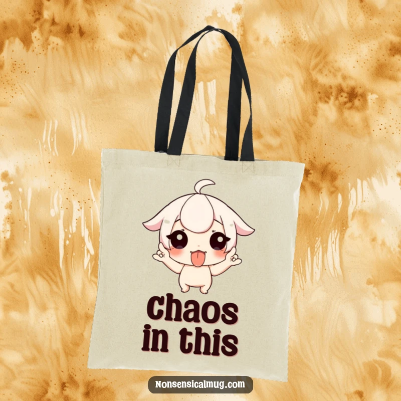 Funny tote bag showcasing a character's playful tongue-out and finger-wiggling expression, ideal for carrying essentials with humor.
