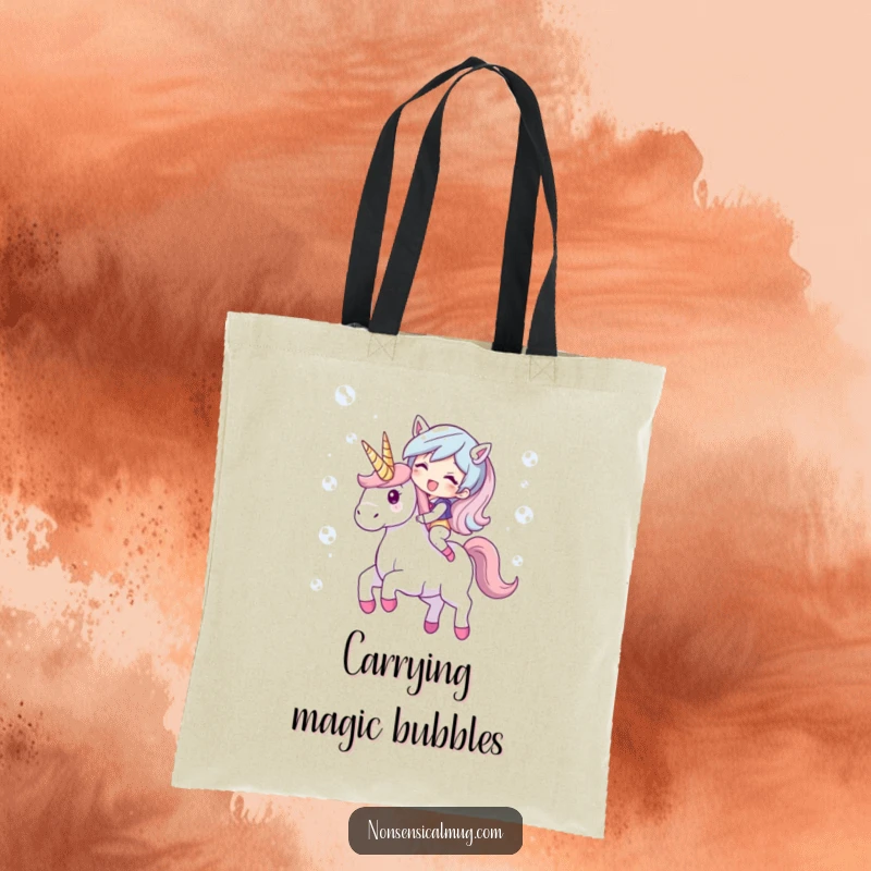 Funny tote bag featuring a giggling character riding a unicorn made of shimmering bubbles. A magical and practical accessory.