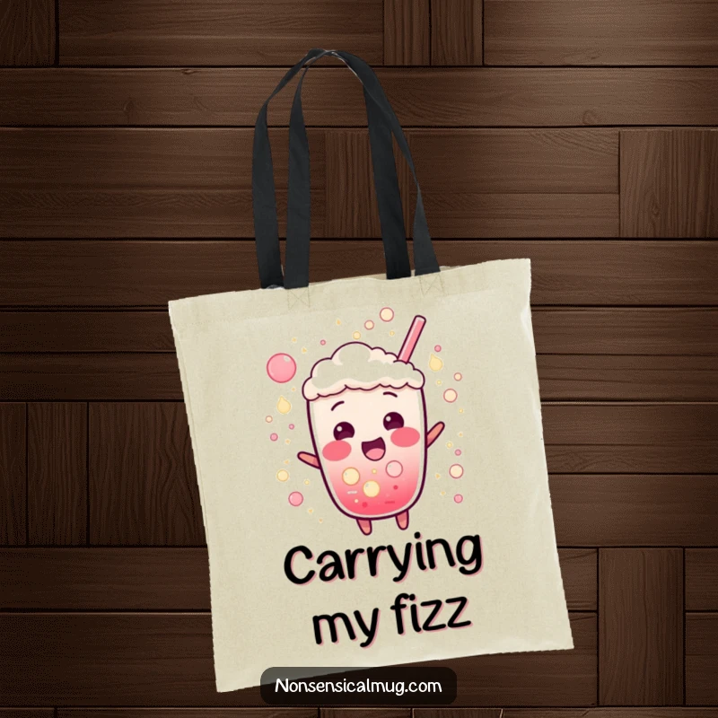 Funny tote bag showcasing a bubbly soda character bursting with excitement, surrounded by fizz, ready for any adventure.