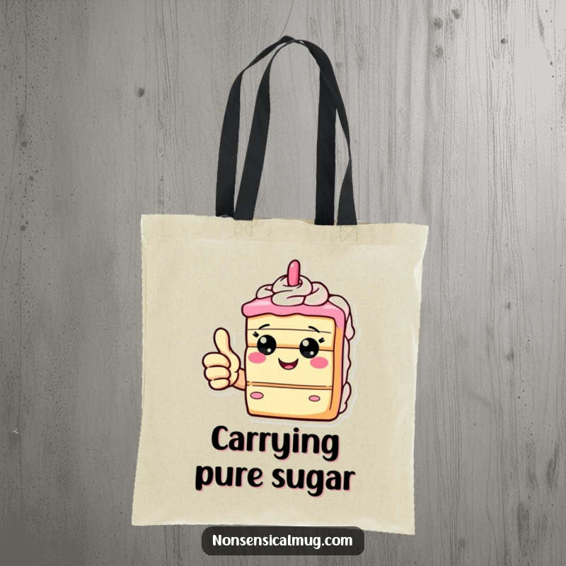 Funny tote bag showcasing a giddy slice of cake giving a thumbs up, perfect for carrying sweet treats and essentials.