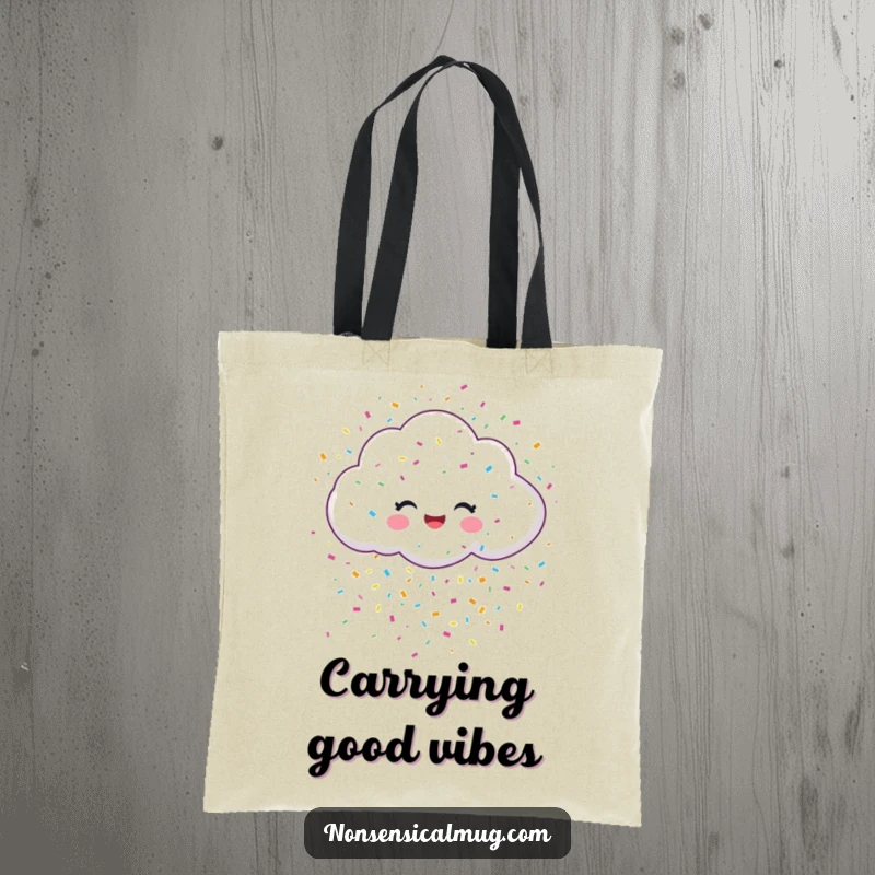 Funny tote bag featuring a cheerful cloud raining a vibrant, colorful confetti shower, ideal for carrying joy and essentials.