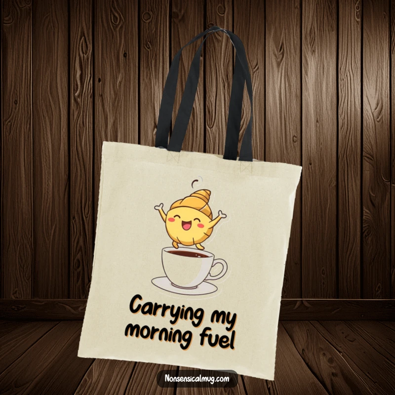 Funny croissant character performing a joyful leap over a coffee cup on a durable tote bag, practical and humorous.