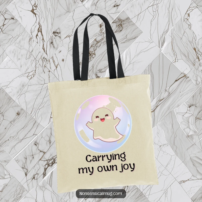 Funny ghost delightedly floating inside a bubble, printed on a durable tote bag for stylish, humorous carrying.
