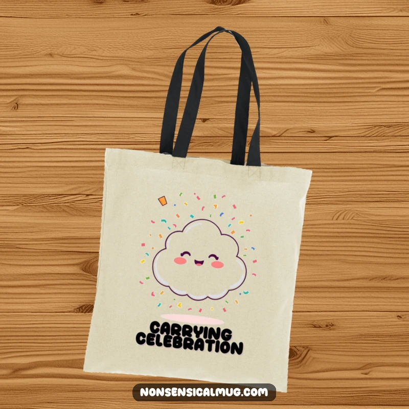 Funny happy little cloud showering colorful confetti from above on a tote bag, ideal for carrying items with a festive and joyful theme.