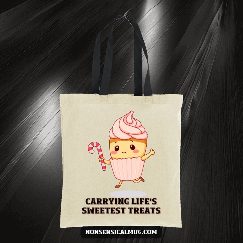 Funny kawaii cupcake character gleefully jumping rope with a candy cane, illustrated on a durable tote bag, a hilarious and practical item.
