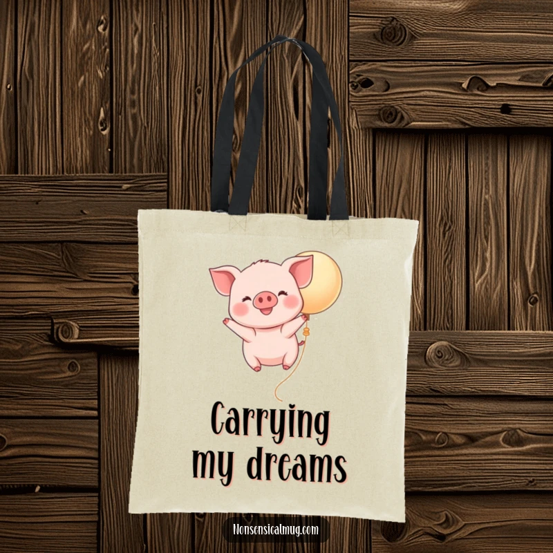 Funny Kawaii Piglet Balloon Tote Bag: A delightful piglet smiles while floating on a balloon, a charming and functional accessory.