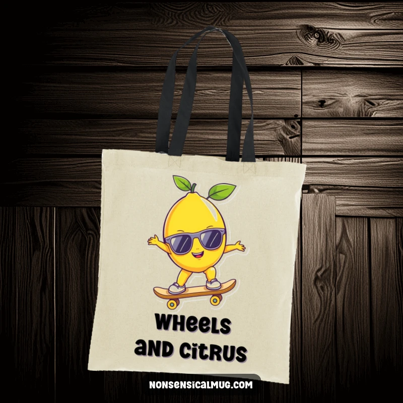 Funny lemon with sunglasses on a skateboard, designed on a tote bag for a humorous and practical accessory.