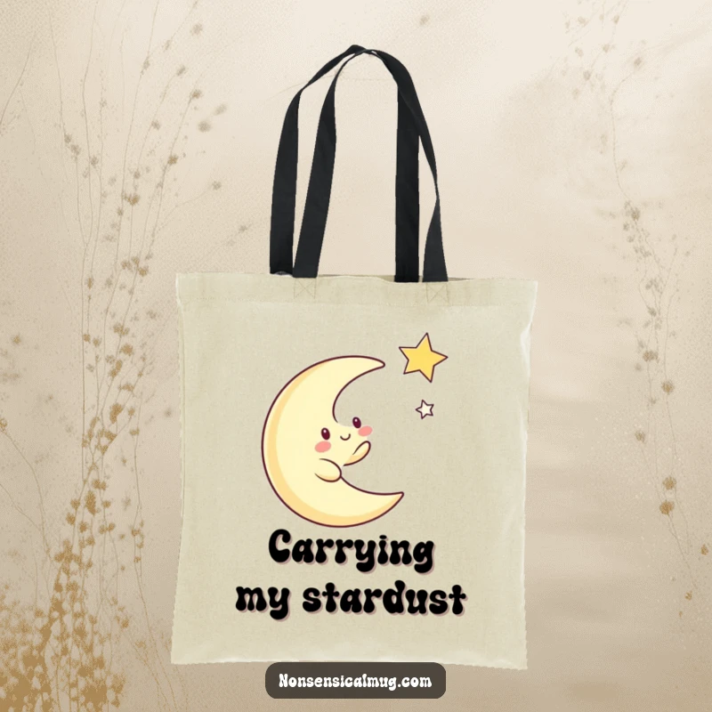 Funny tote bag depicting a whimsical crescent moon character enthusiastically chasing a twinkling star in a celestial scene.