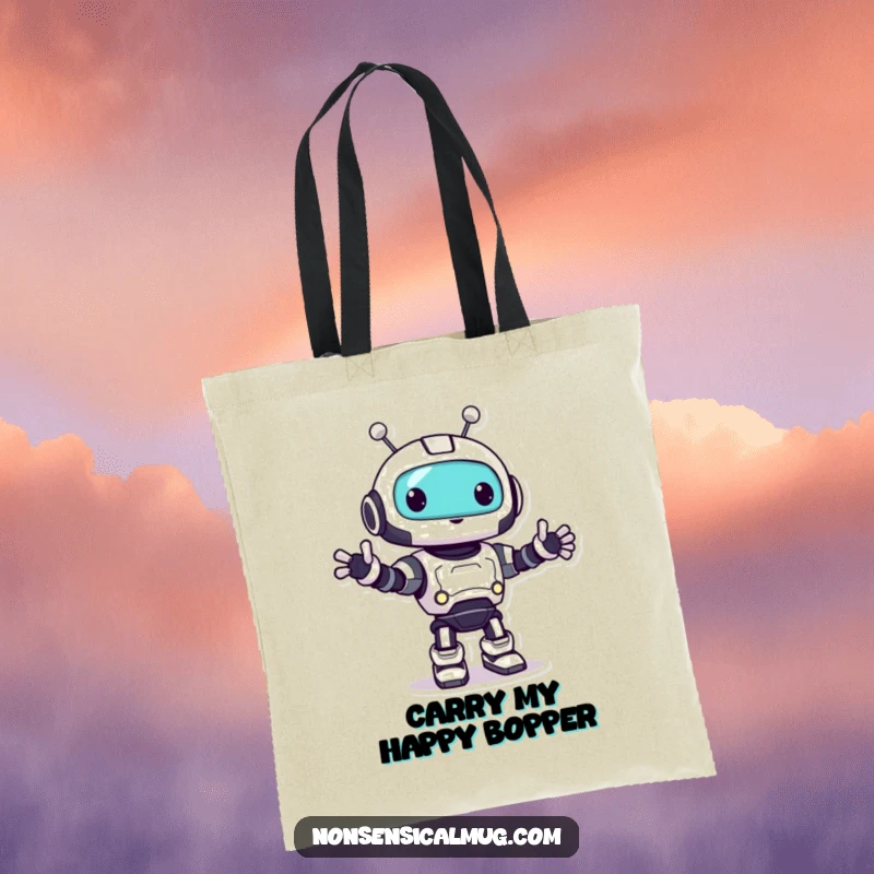 Funny robot tote bag with a playful character doing a happy little bop, ideal for shopping and daily use.
