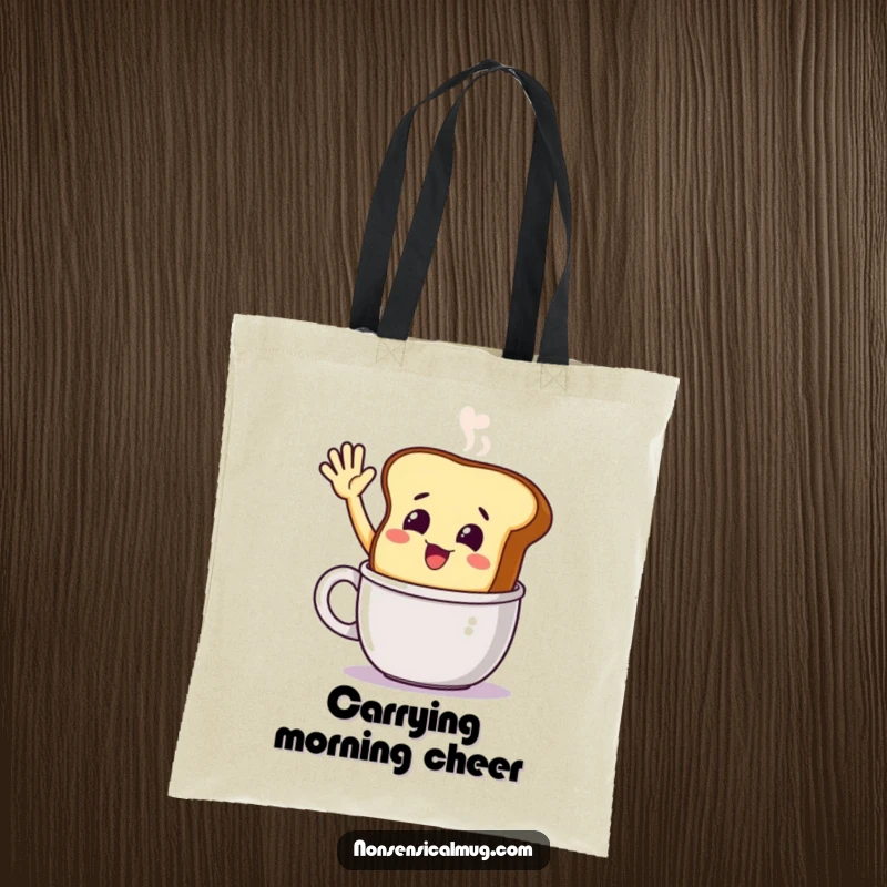 Funny smiling toast character excitedly waving from a steaming mug on a tote bag, ideal for carrying items with a cheerful breakfast theme.