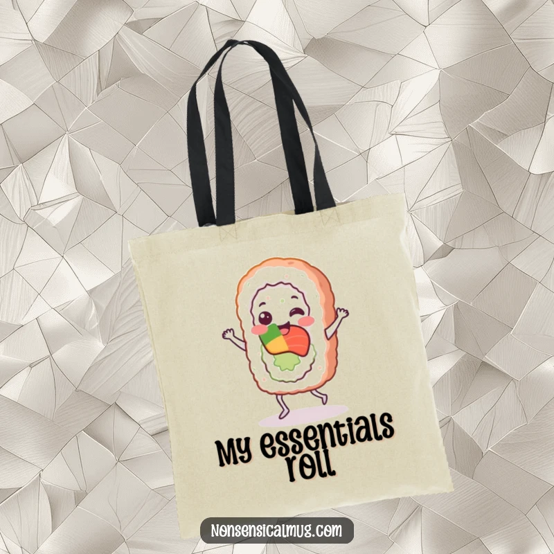 Funny sushi roll character doing a spirited jig on a practical tote bag, perfect for sushi lovers on the go.