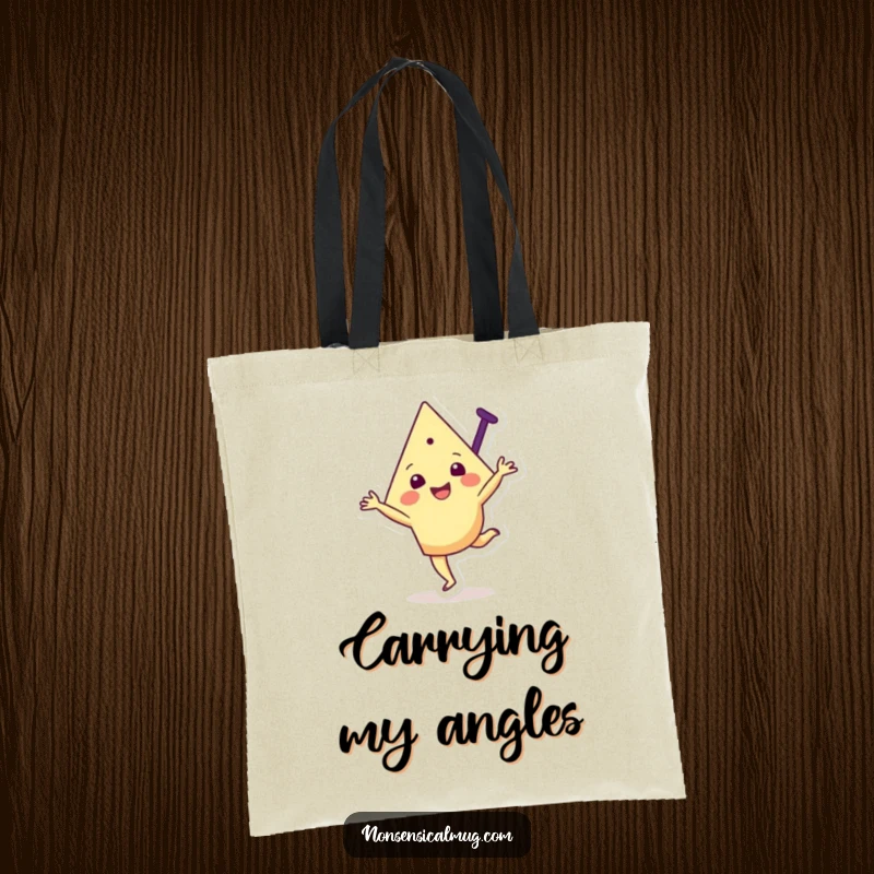 Funny tote bag featuring a joyful triangular character in the middle of a cartwheel, radiating positive and energetic vibes.