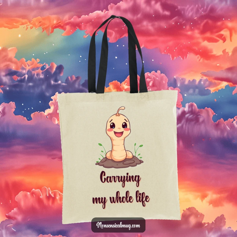 Funny Tote Bag: Happy worm character joyfully popping out of the ground, showcasing a fun accessory.