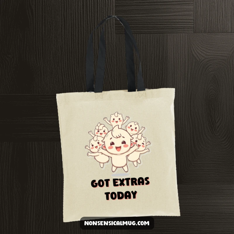 Funny tote bag showing a happy character creating multiple bouncing copies of itself, symbolizing fun and energy, perfect for carrying essentials with personality.