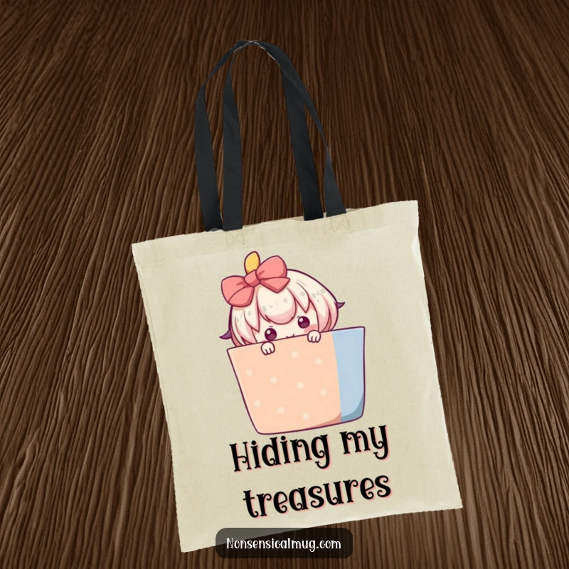 Funny tote bag with a blushing character shyly peeking from behind a large, colorful gift, a delightful and humorous accessory.