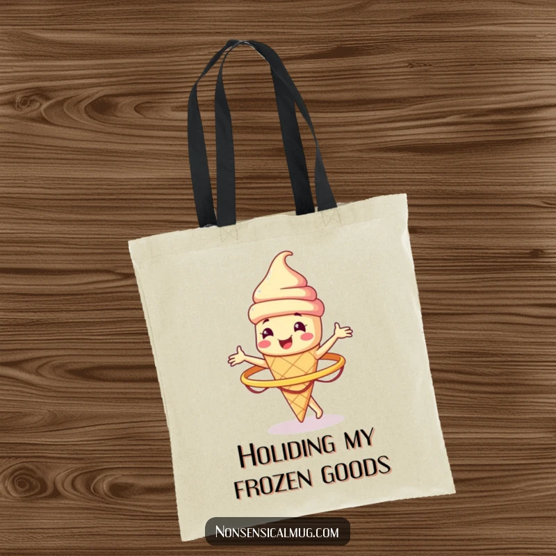 Funny smiling ice cream cone character spinning a hula hoop on a durable tote bag, a hilarious and practical accessory.