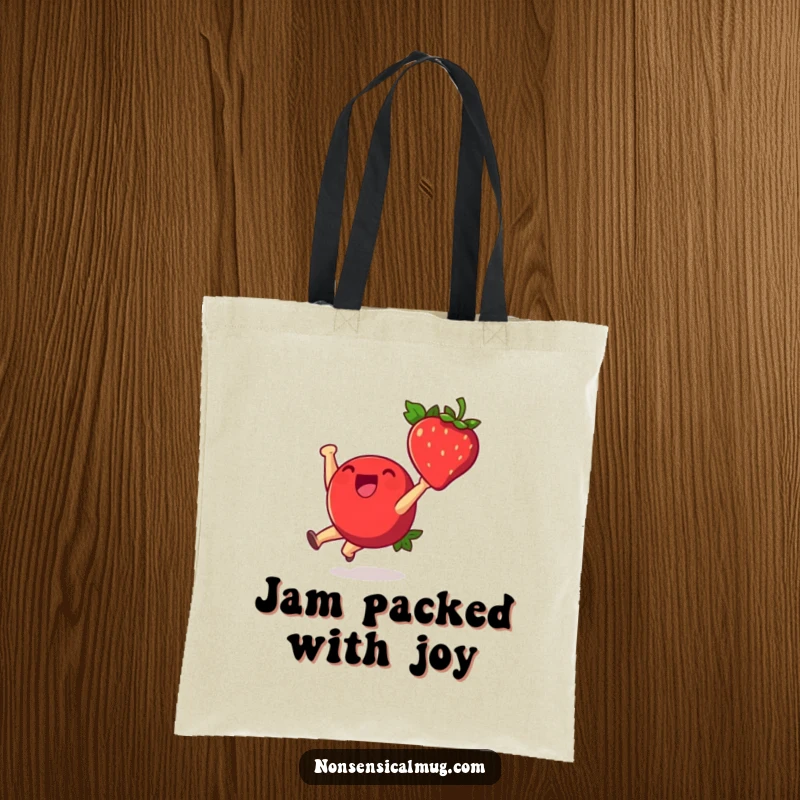 Funny tote bag showcasing a cheerful strawberry character mid-cartwheel, full of energy and joy, ready to carry your items.