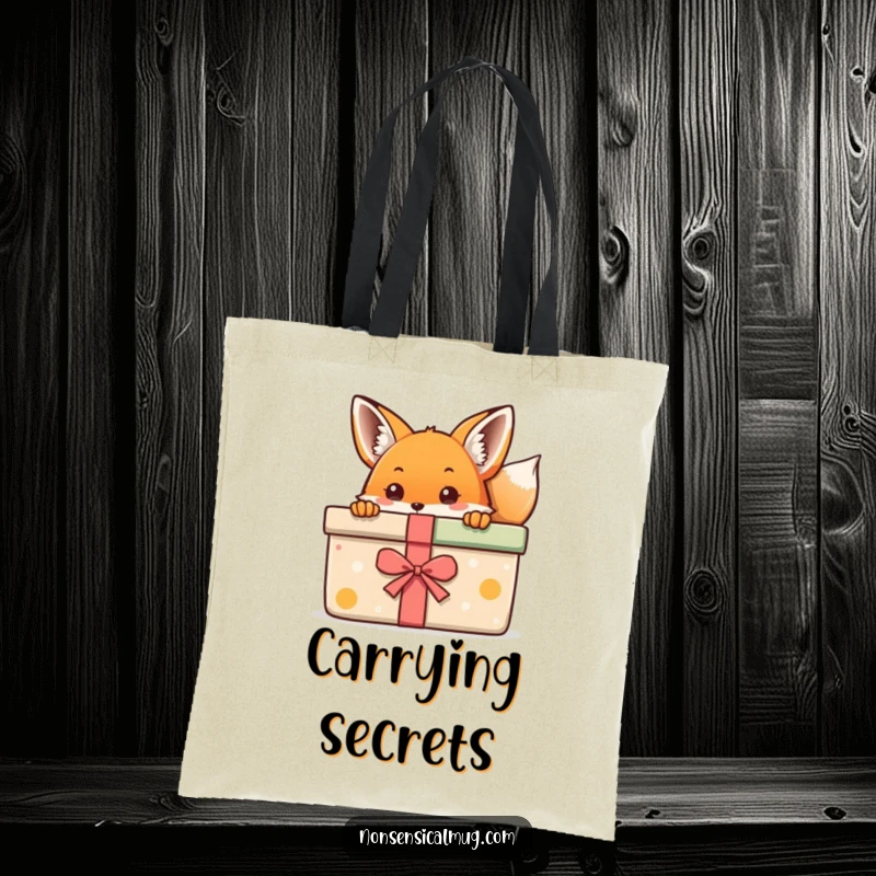 Kawaii Fox Tote Bag: A cute kawaii fox peeking out from behind a large, colorful gift, ready for errands.