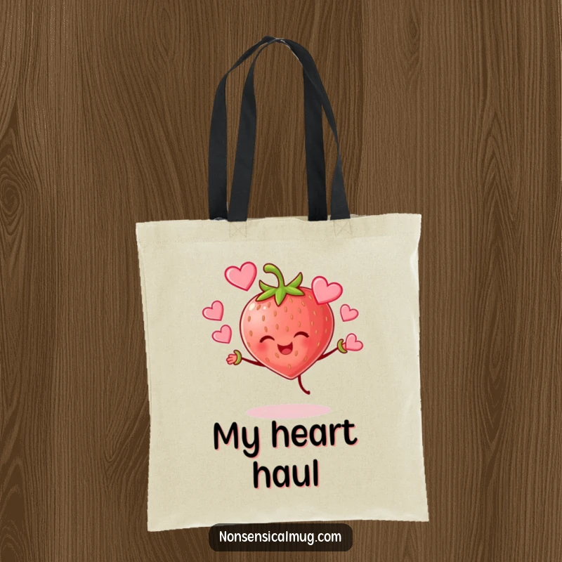 Funny cheerful strawberry character joyfully juggling hearts on a durable tote bag, a practical and loving accessory.